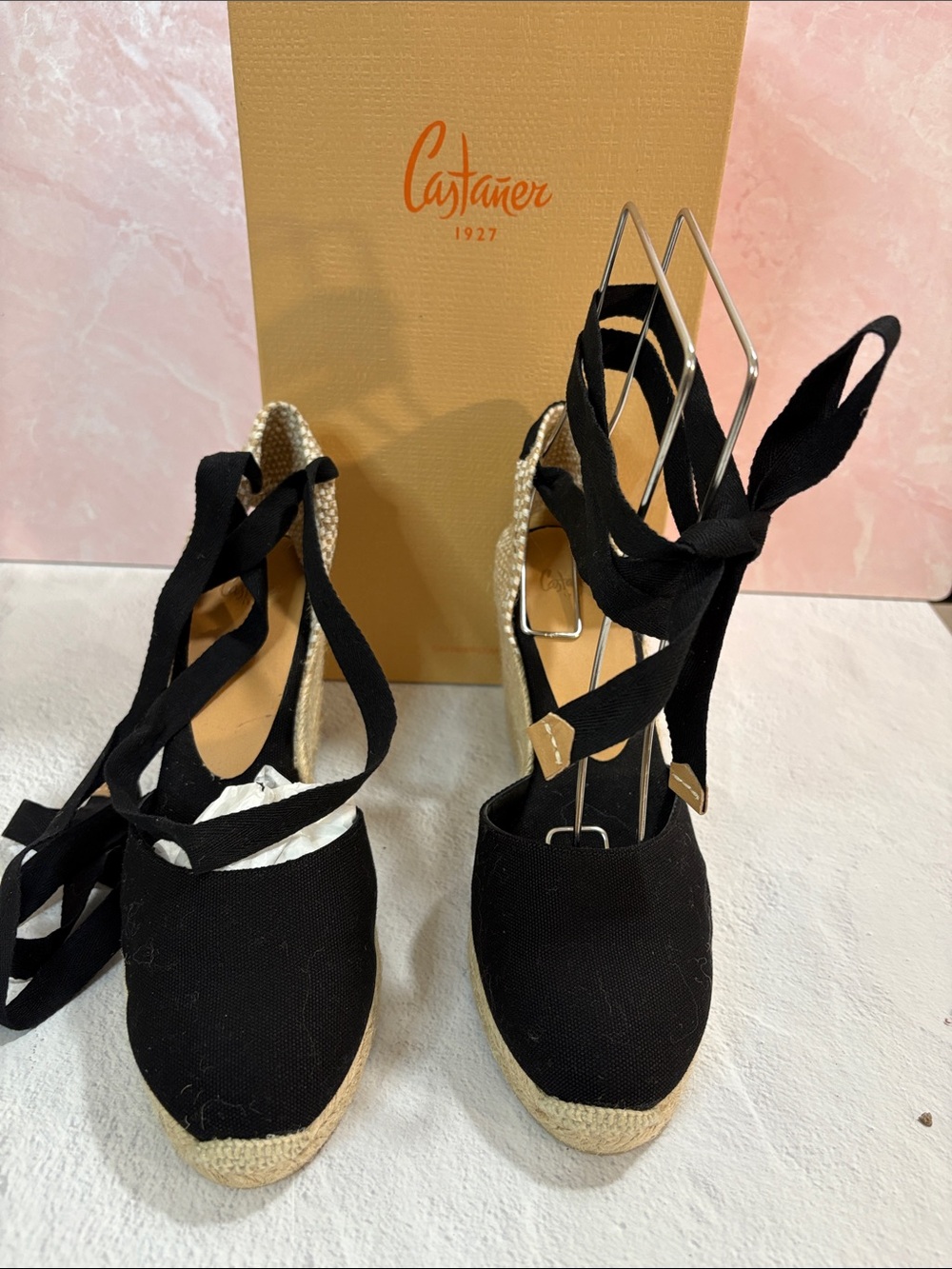 Castaner Carina Black Canvas Espadrille Wedges with Tie-Up Ribbons 39/ US 8 NWT
